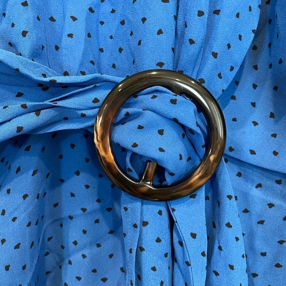 Vince Camuto Blue w/ Black Dots Ditsy Fragments Long Sleeve Belted Top Size XXS - Picture 6 of 9